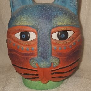 Hand-Painted Colorful Ceramic Cat Planter Great Condition Laurel Burch Piece